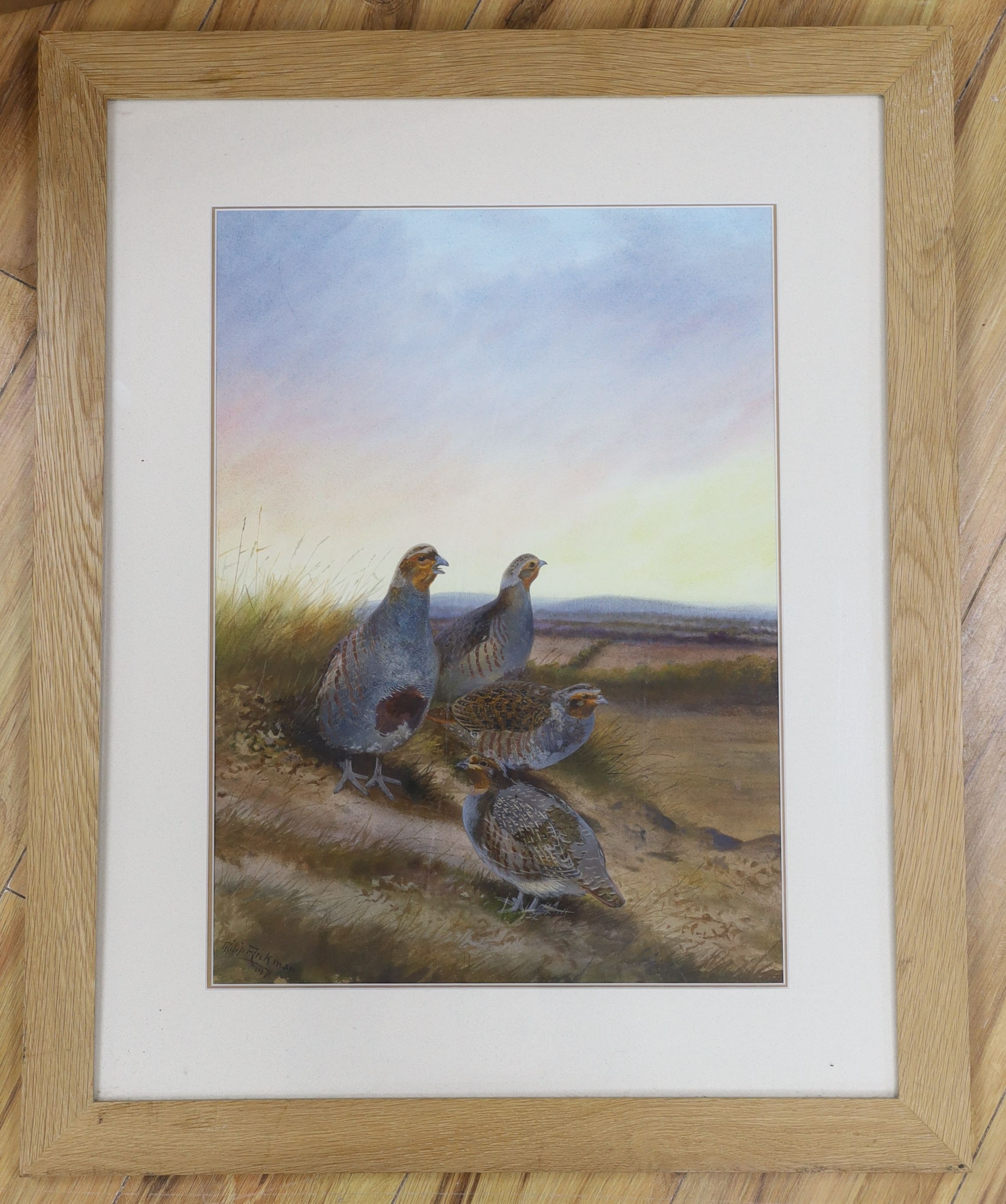 Philip Rickman (1891-1982), watercolour and gouache, 'Evening', partridges in a landscape, signed and dated 1971, 51 x 37cm